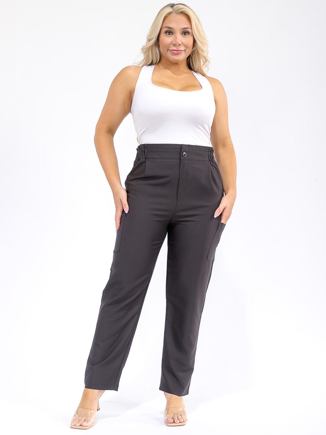PLUS SIZE BUTTON CLOSURE POCKETS WIDE LEG PANTS