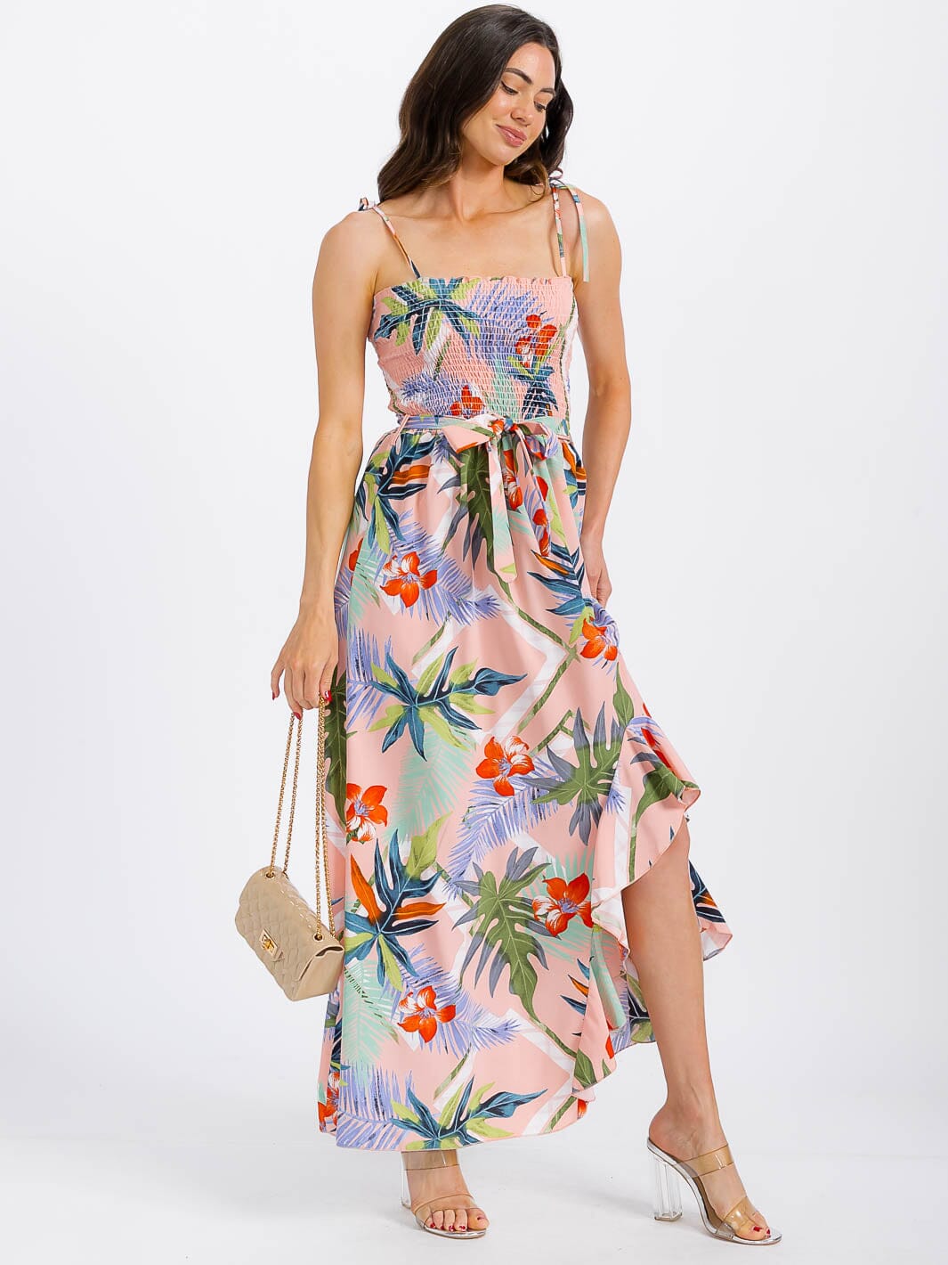 WOMEN'S SLEEVELESS SMOCK FRONT SLIT FLORAL MAXI DRESS