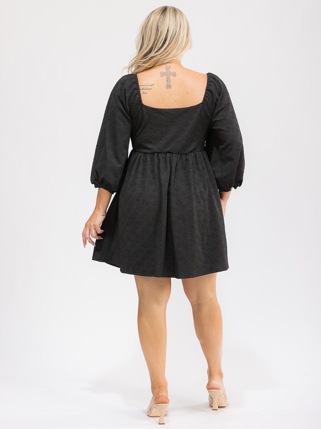 PLUS SIZE 3/4 SLEEVES ELASTIC WAIST FIT & FLARE MINI DRESS