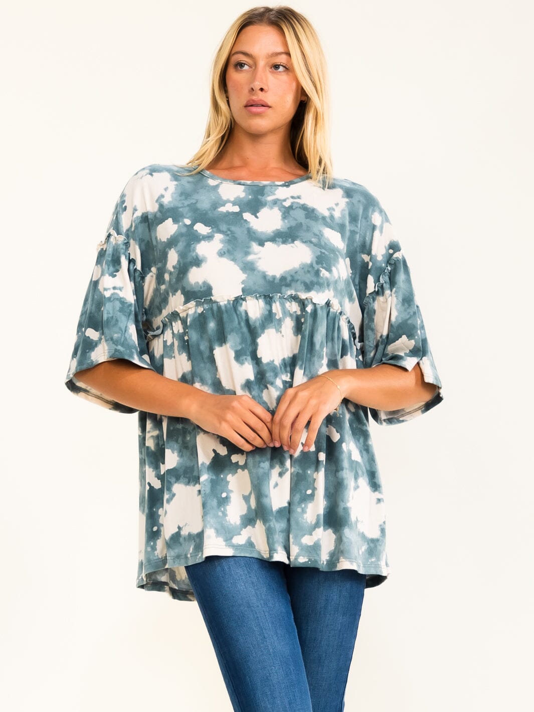ENTRO WOMEN'S SHORT RUFFLE SLEEVE TIE DYE TUNIC BLOUSE