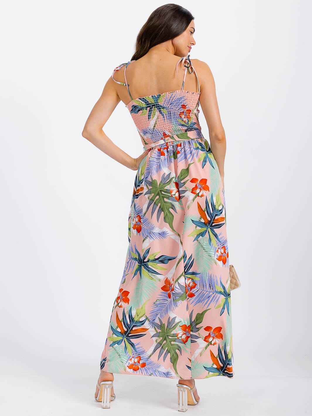 WOMEN'S SLEEVELESS SMOCK FRONT SLIT FLORAL MAXI DRESS