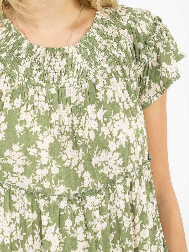 WOMEN'S SHORT SLEEVE RUFFLE TIERED FLORAL MAXI DRESS