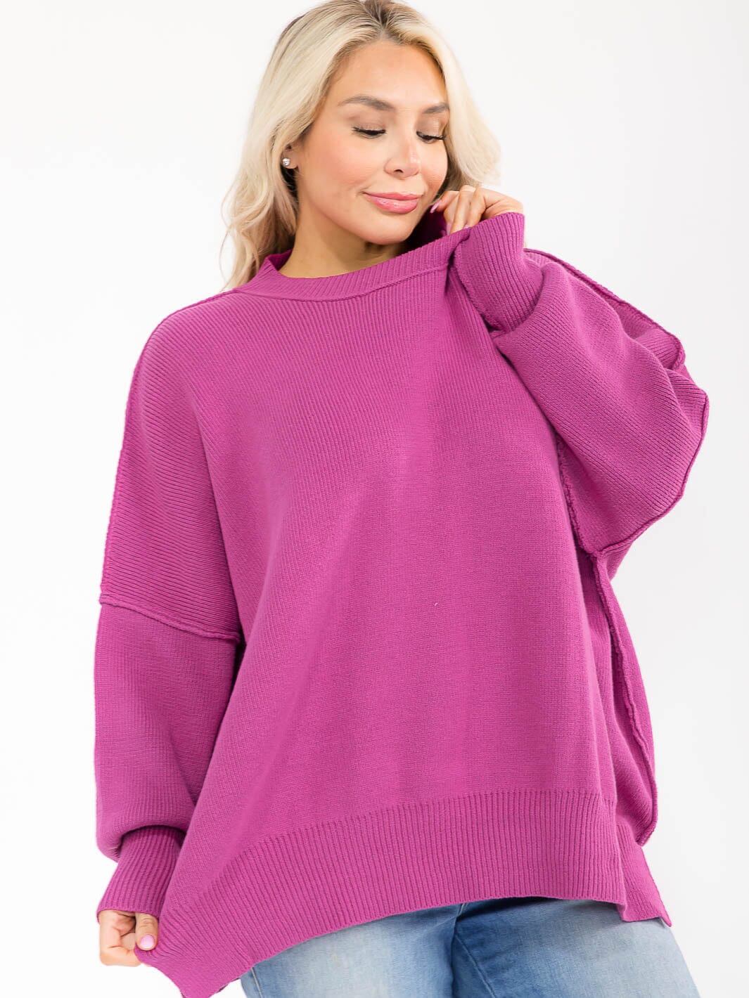 PLUS SIZE LONG SLEEVE RIBBED PULLOVER BLOUSE