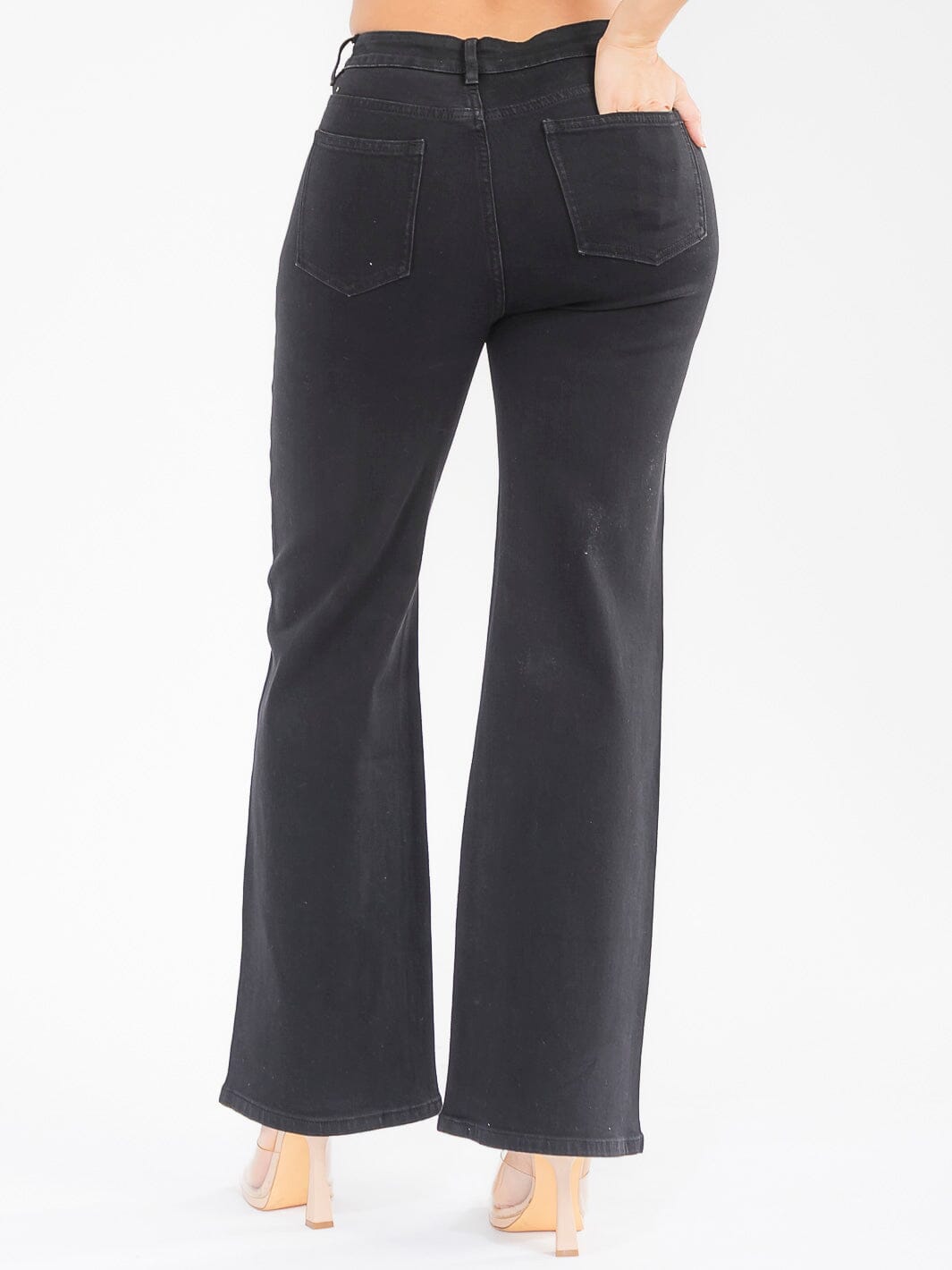 WOMEN'S BUTTON CLOSURE POCKETS WIDE LEG STRETCH RHINESTONES DENIM PANTS