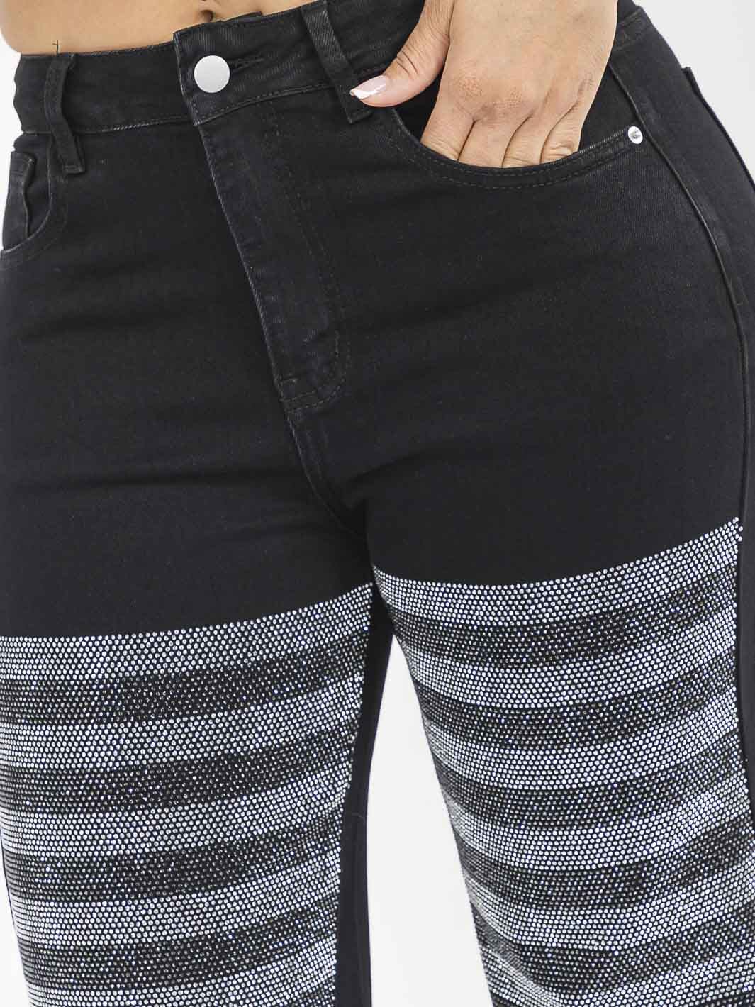 WOMEN'S BUTTON CLOSURE POCKETS WIDE LEG STRETCH RHINESTONES DENIM PANTS