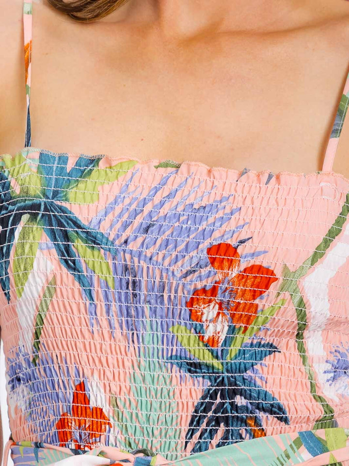 WOMEN'S SLEEVELESS SMOCK FRONT SLIT FLORAL MAXI DRESS