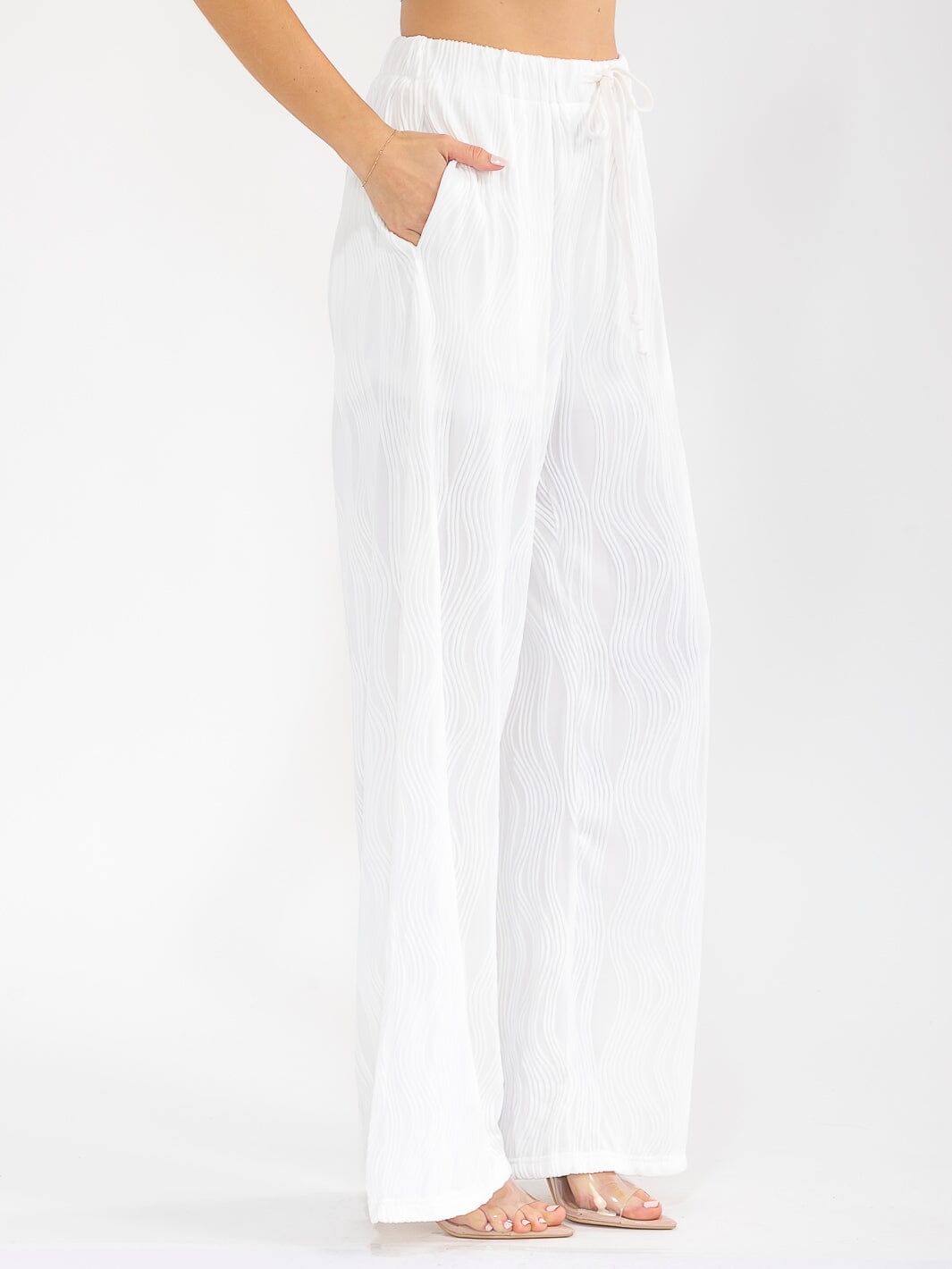 WOMEN'S ELASTIC WAIST FRONT POCKET WIDE LEG DETAILED PANTS