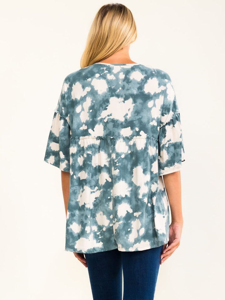 ENTRO WOMEN'S SHORT RUFFLE SLEEVE TIE DYE TUNIC BLOUSE