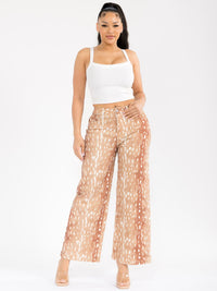 WOMEN'S BUTTON CLOSURE POCKETS WIDE LEG STRETCH PRINT DENIM PANTS