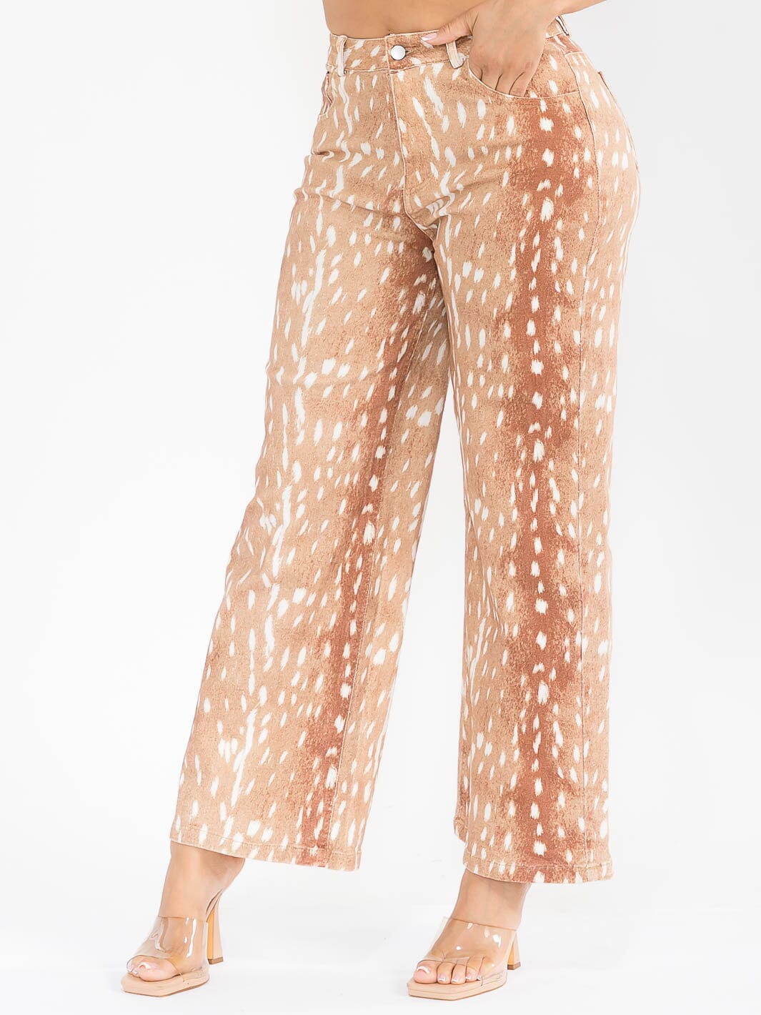 WOMEN'S BUTTON CLOSURE POCKETS WIDE LEG STRETCH PRINT DENIM PANTS