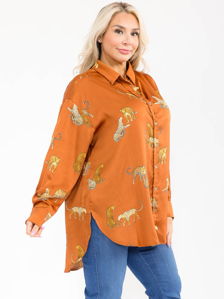 PLUS SIZE LONG SLEEVE V-NECK HIGH-LOW MULTI PRINT BLOUSE