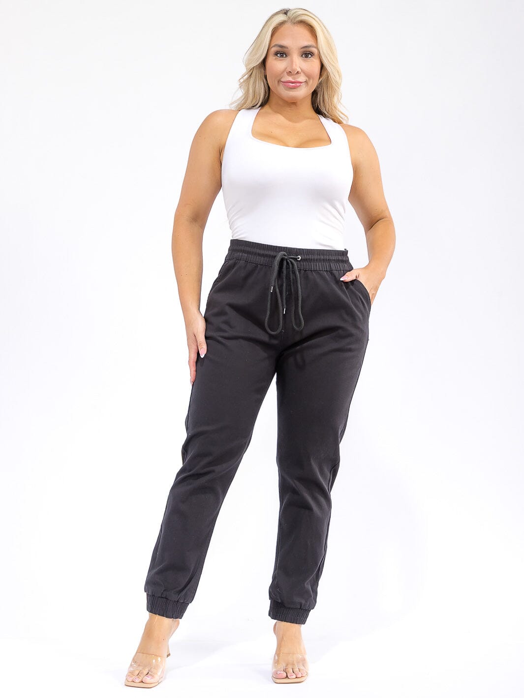 PLUS SIZE ELASTIC WAIST SELF TIE JOGGER DENIM PANTS