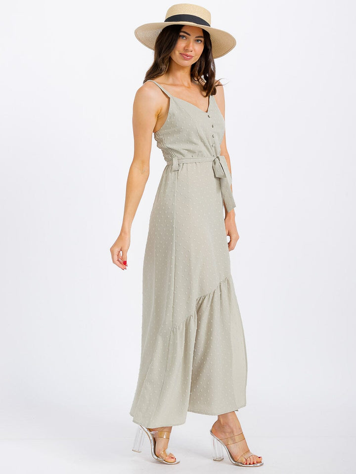 WOMEN'S SLEEVELESS V-NECK SELF TIE SWISS DOTS MAXI DRESS