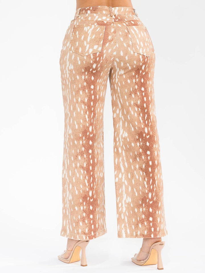 WOMEN'S BUTTON CLOSURE POCKETS WIDE LEG STRETCH PRINT DENIM PANTS