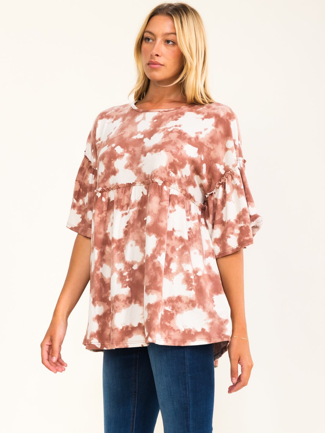ENTRO WOMEN'S SHORT RUFFLE SLEEVE TIE DYE TUNIC BLOUSE