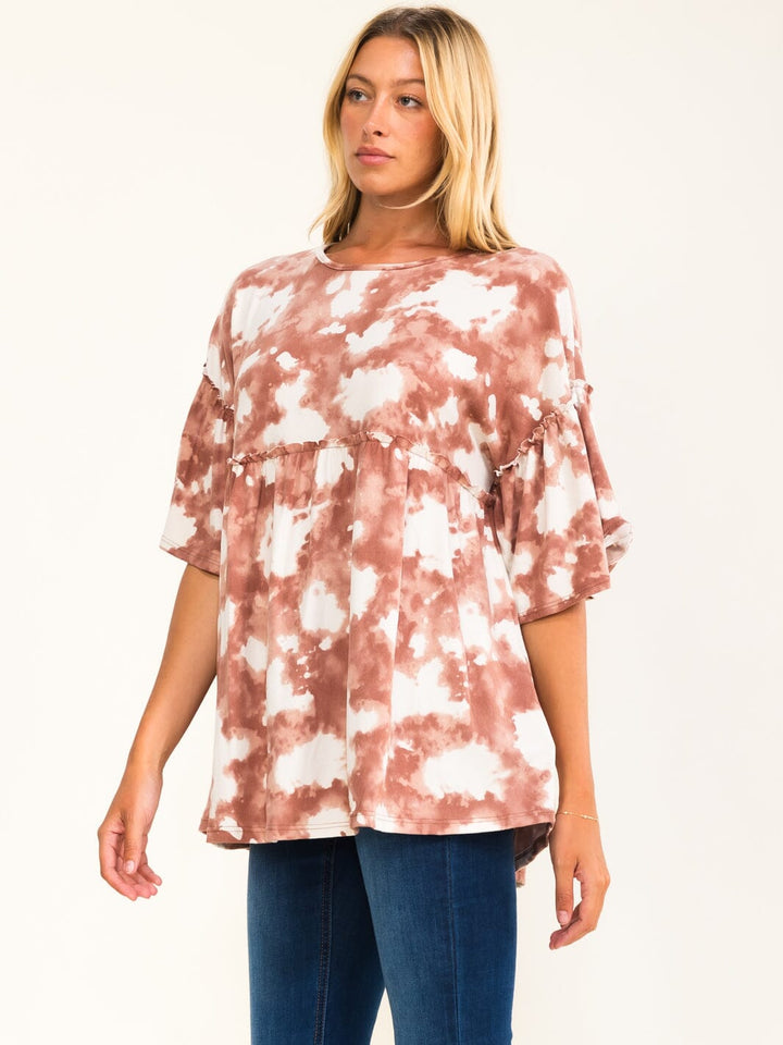 ENTRO WOMEN'S SHORT RUFFLE SLEEVE TIE DYE TUNIC BLOUSE