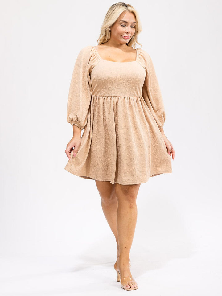 PLUS SIZE 3/4 SLEEVES ELASTIC WAIST FIT & FLARE MINI DRESS