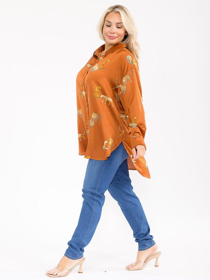PLUS SIZE LONG SLEEVE V-NECK HIGH-LOW MULTI PRINT BLOUSE