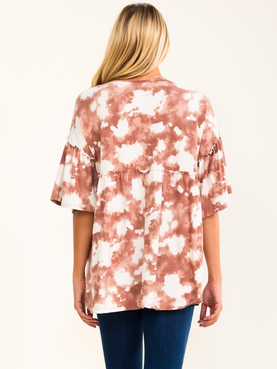 ENTRO WOMEN'S SHORT RUFFLE SLEEVE TIE DYE TUNIC BLOUSE