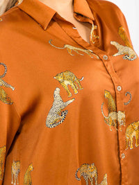 PLUS SIZE LONG SLEEVE V-NECK HIGH-LOW MULTI PRINT BLOUSE