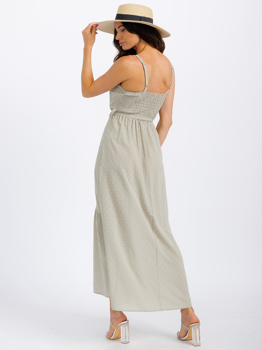 WOMEN'S SLEEVELESS V-NECK SELF TIE SWISS DOTS MAXI DRESS