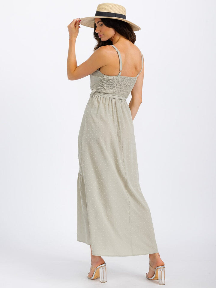 WOMEN'S SLEEVELESS V-NECK SELF TIE SWISS DOTS MAXI DRESS