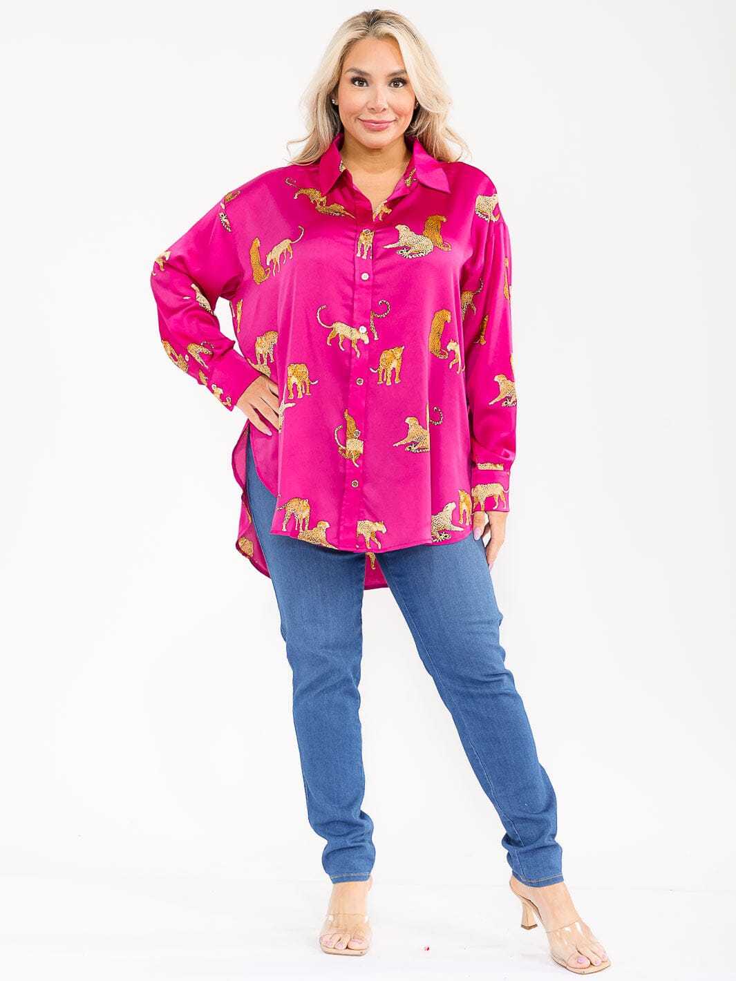 PLUS SIZE LONG SLEEVE V-NECK HIGH-LOW MULTI PRINT BLOUSE