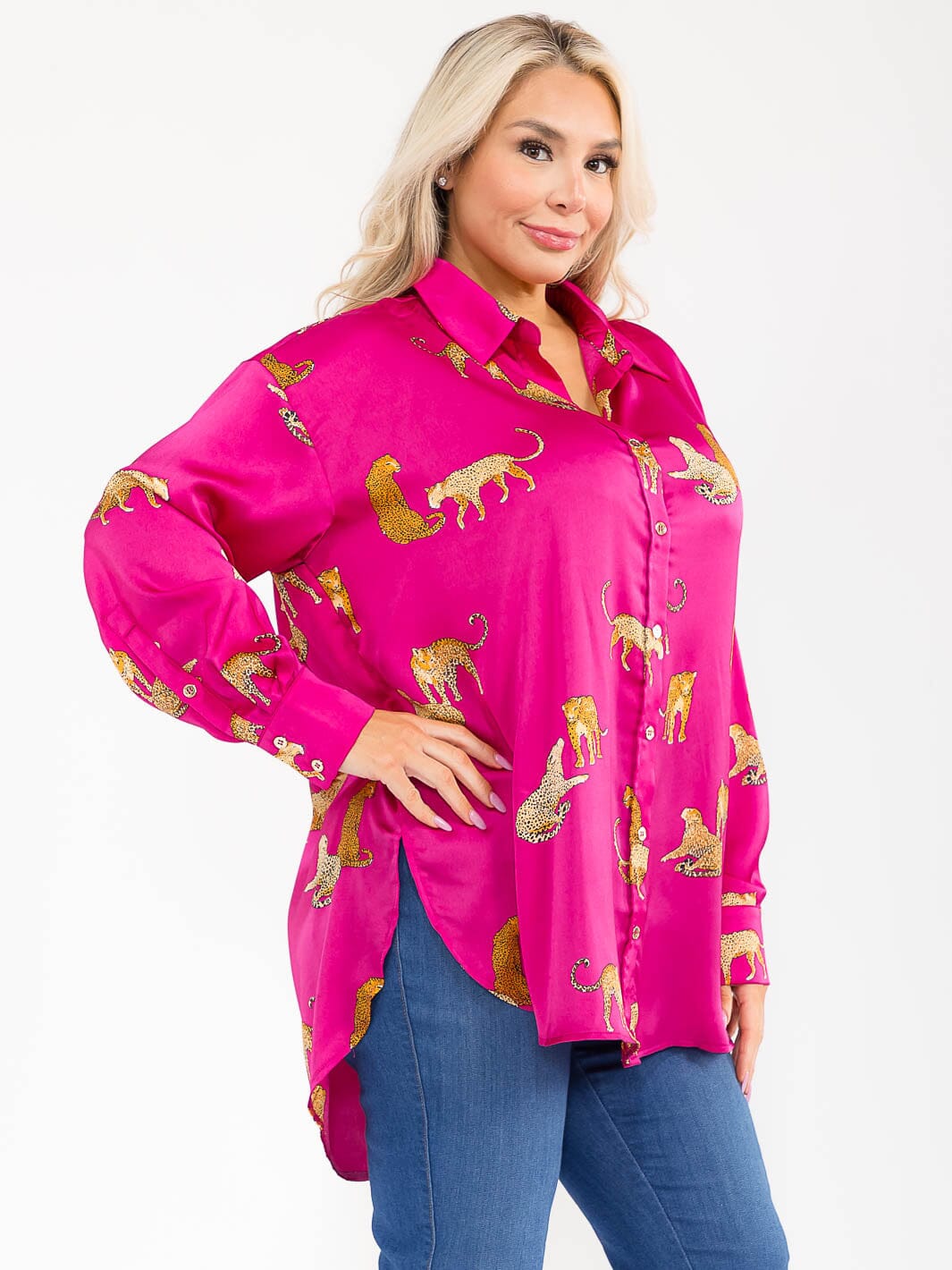 PLUS SIZE LONG SLEEVE V-NECK HIGH-LOW MULTI PRINT BLOUSE