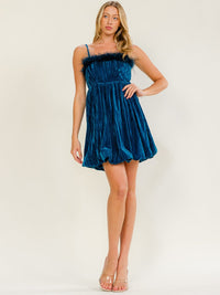 ENTRO WOMEN'S SLEEVELESS SMOCK BUBBLE HEM VELVET MINI DRESS