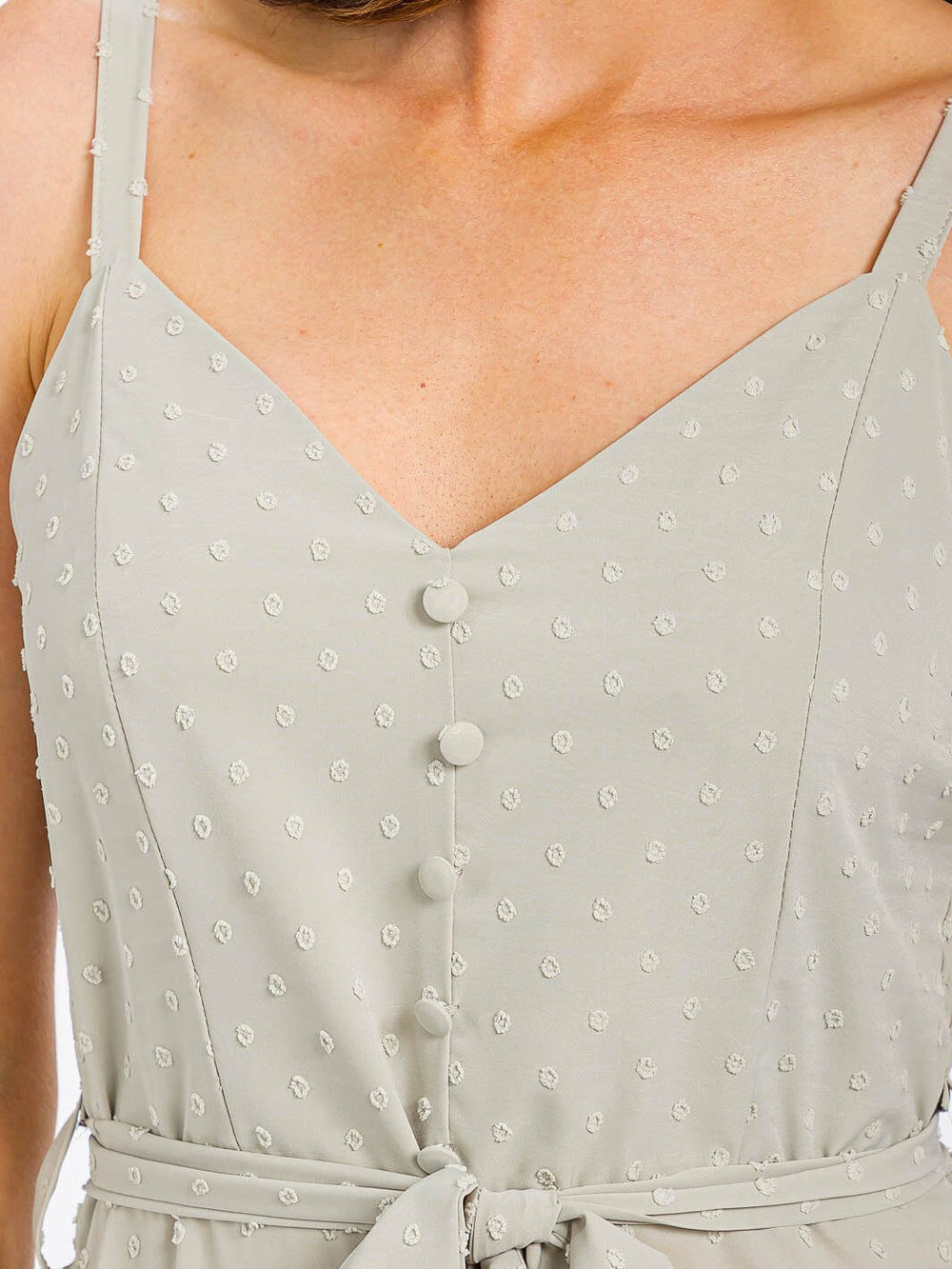 WOMEN'S SLEEVELESS V-NECK SELF TIE SWISS DOTS MAXI DRESS