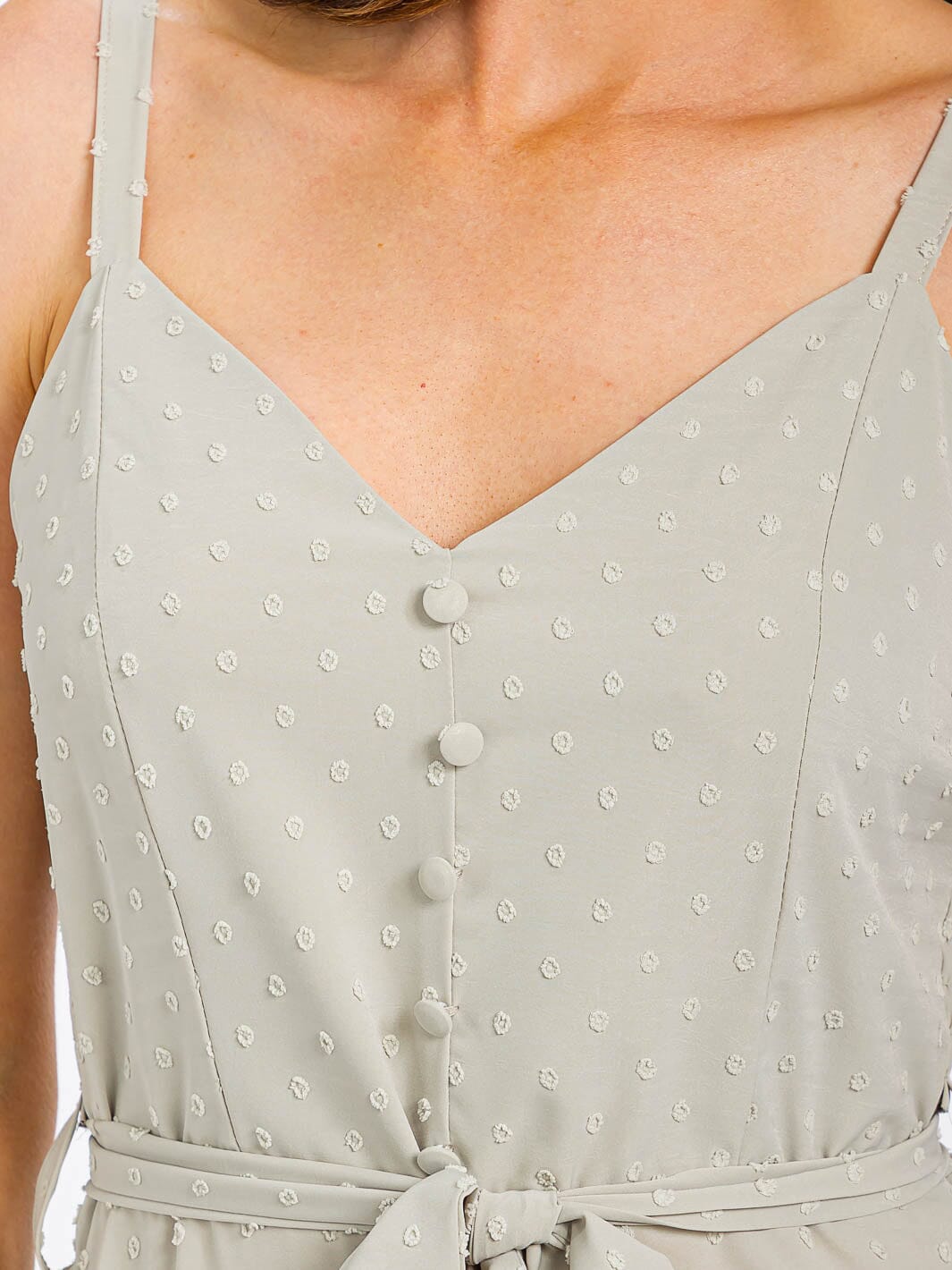 WOMEN'S SLEEVELESS V-NECK SELF TIE SWISS DOTS MAXI DRESS