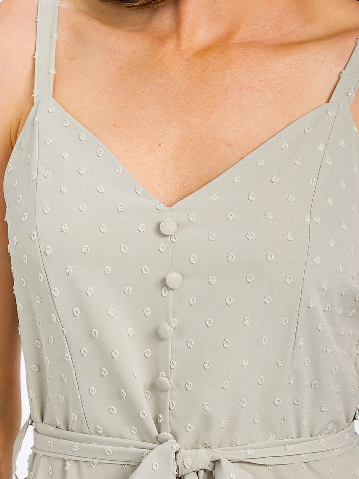 WOMEN'S SLEEVELESS V-NECK SELF TIE SWISS DOTS MAXI DRESS