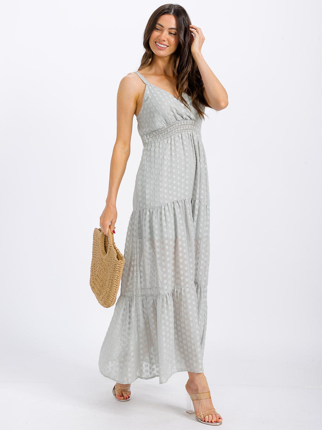 WOMEN'S SLEEVELESS SURPLICE TIERED SWISS DOTS MAXI DRESS