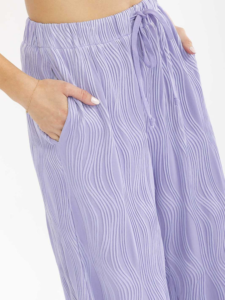 WOMEN'S ELASTIC WAIST FRONT POCKET WIDE LEG DETAILED PANTS