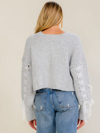WOMEN'S LONG SLEEVE V-NECK LACE UP PULLOVER SWEATER