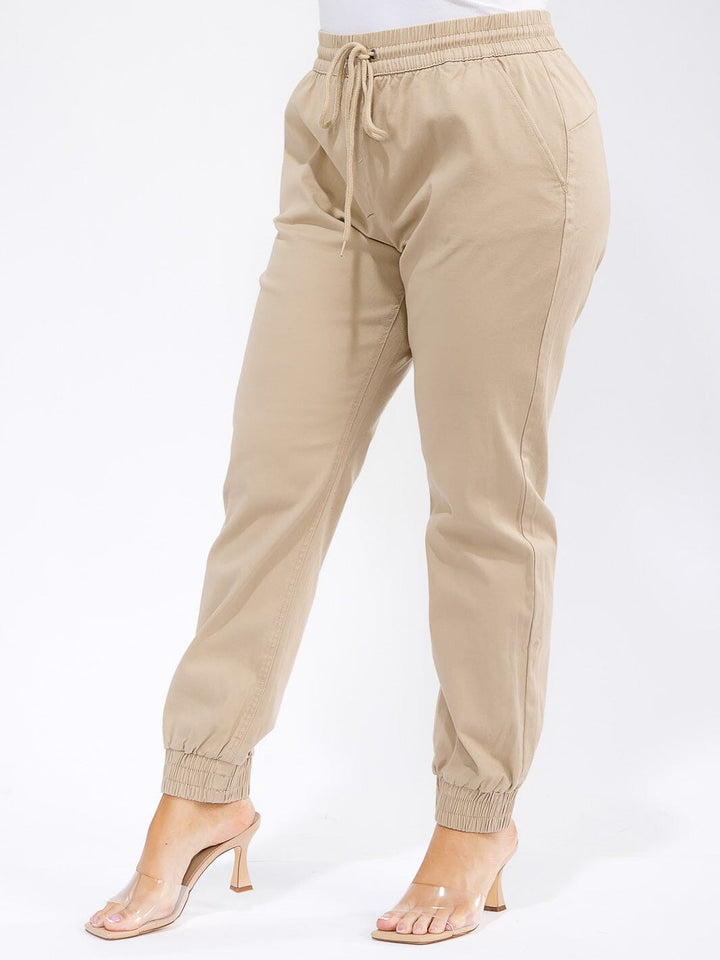 PLUS SIZE ELASTIC WAIST SELF TIE JOGGER DENIM PANTS