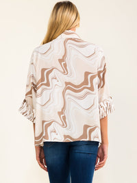 WOMEN'S 3/4 SLEEVE BUTTON UP FRONT POCKETS MULTI PRINT BLOUSE