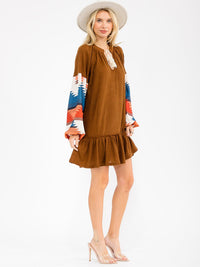 WOMEN'S LONG PRINT SLEEVE V-NECK LOOSE FIT MINI DRESS