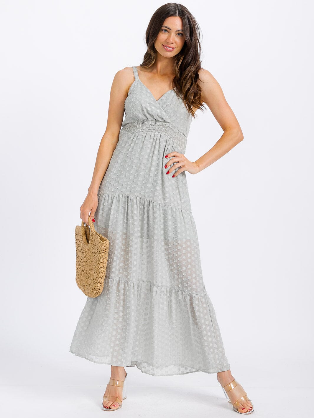 WOMEN'S SLEEVELESS SURPLICE TIERED SWISS DOTS MAXI DRESS