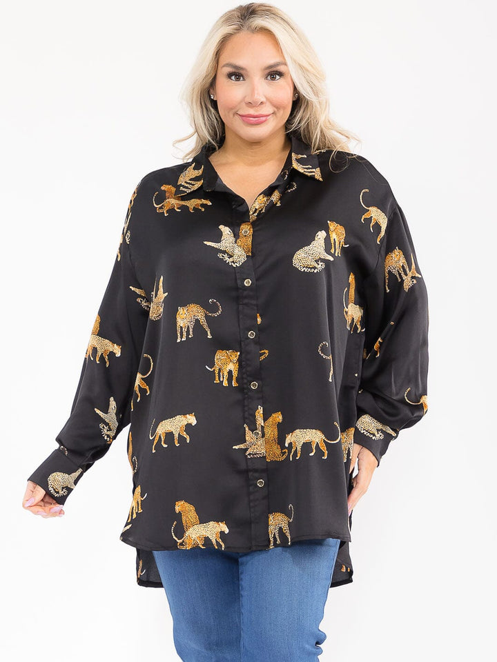 PLUS SIZE LONG SLEEVE V-NECK HIGH-LOW MULTI PRINT BLOUSE