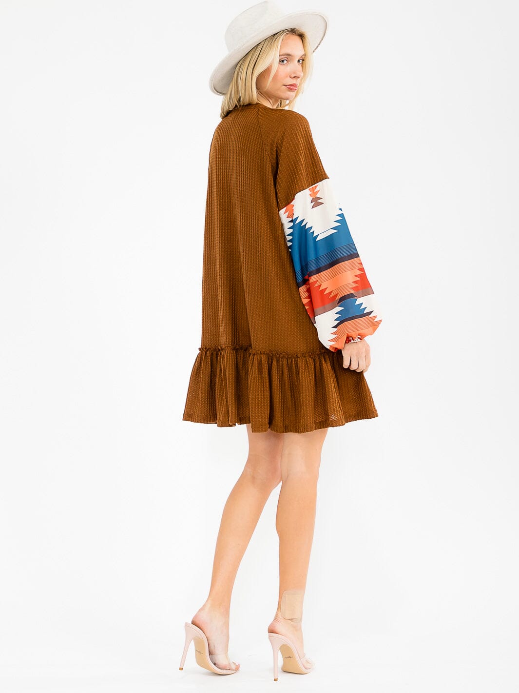 WOMEN'S LONG PRINT SLEEVE V-NECK LOOSE FIT MINI DRESS