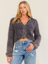 WOMEN'S LONG SLEEVE V-NECK KNITTED BUTTON UP WASHED SWEATER