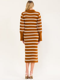 WOMEN'S LONG SLEEVE V-NECK COLORBLOCK STRIPES SWEATER BODYCON MIDI DRESS