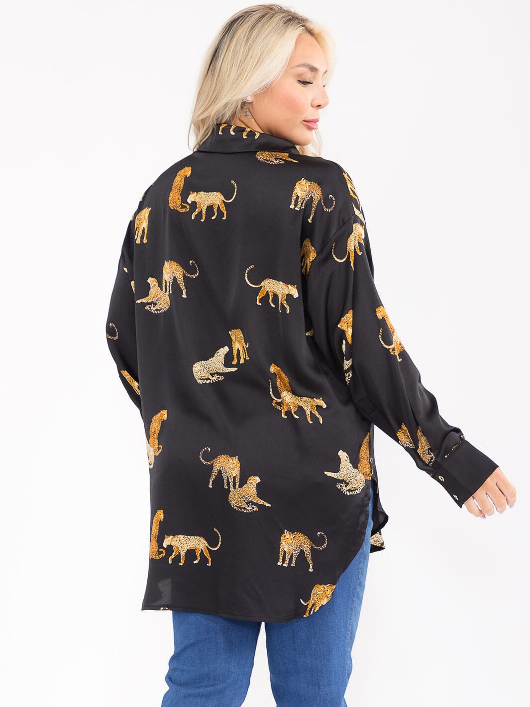PLUS SIZE LONG SLEEVE V-NECK HIGH-LOW MULTI PRINT BLOUSE