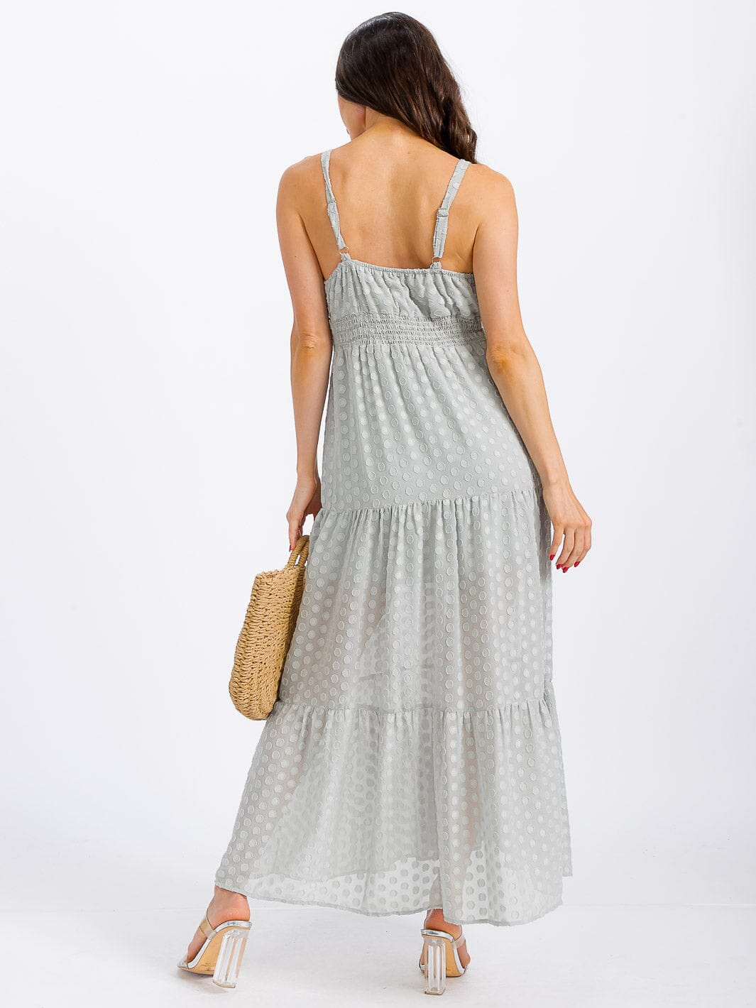 WOMEN'S SLEEVELESS SURPLICE TIERED SWISS DOTS MAXI DRESS