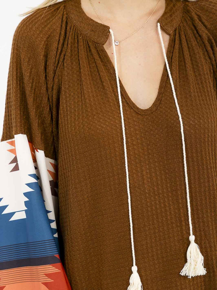 WOMEN'S LONG PRINT SLEEVE V-NECK LOOSE FIT MINI DRESS