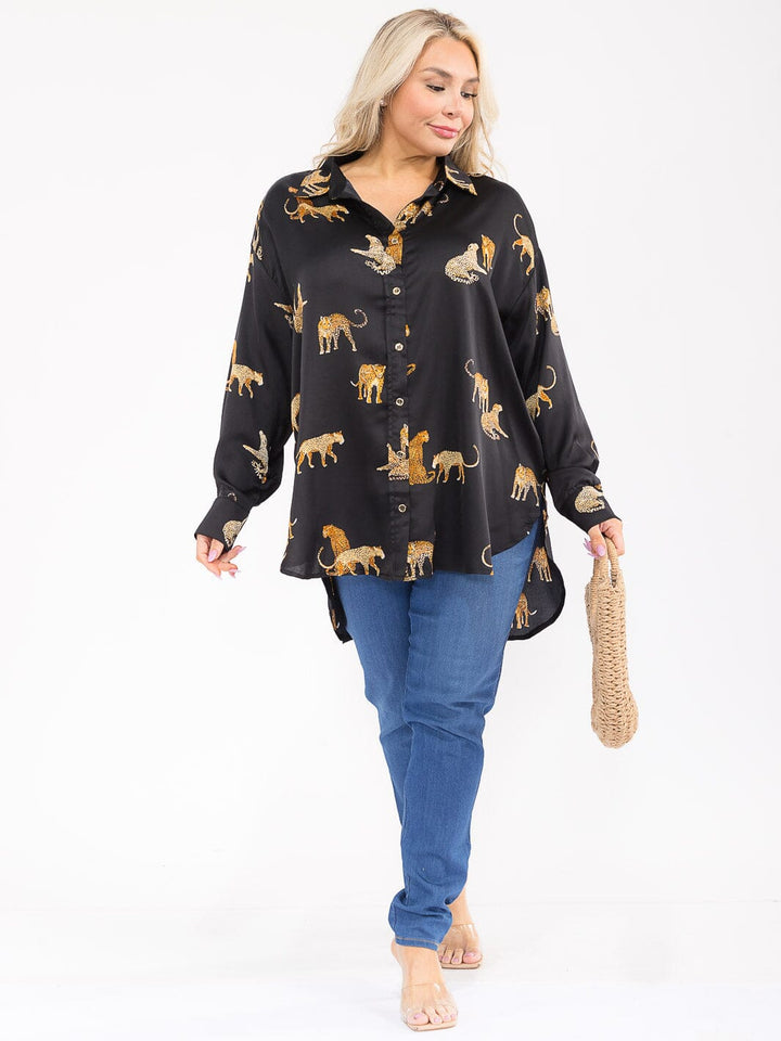 PLUS SIZE LONG SLEEVE V-NECK HIGH-LOW MULTI PRINT BLOUSE