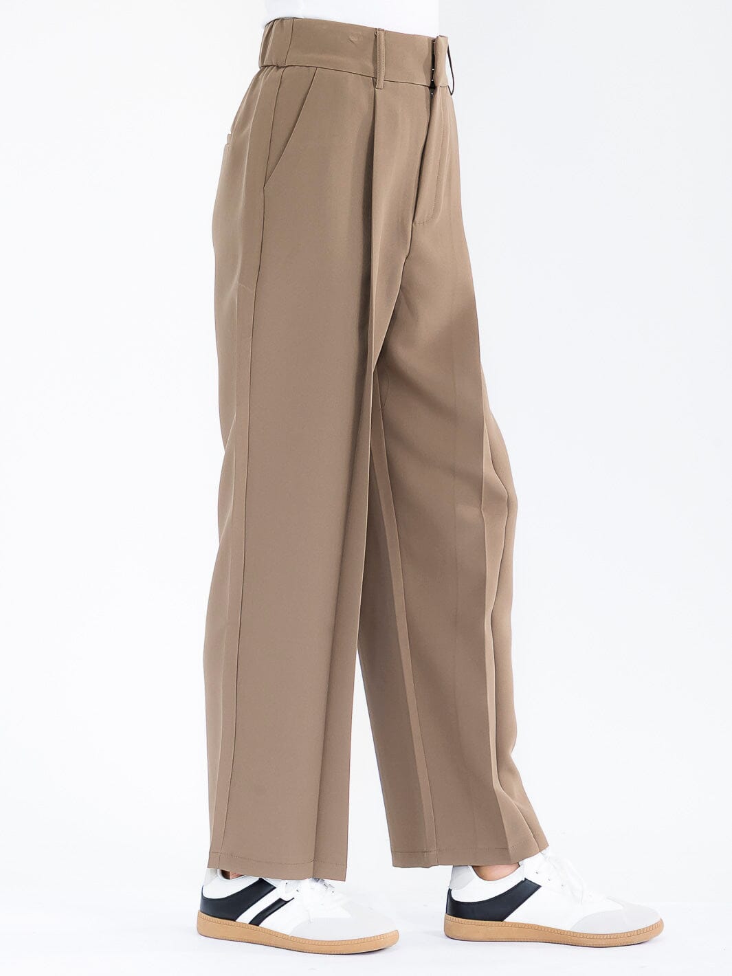 WOMEN'S BUTTON CLOSURE FRONT POCKETS WIDE LEG PLEATED PANTS