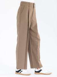 WOMEN'S BUTTON CLOSURE FRONT POCKETS WIDE LEG PLEATED PANTS