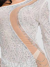 WOMEN'S LONG SLEEVE ONE SHOULDER STUDS MESH BODYCON MINI DRESS
